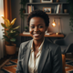 Smiling South African woman in her late 20s to early 30s, headshot portrait, exuding confidence and satisfaction in a profess