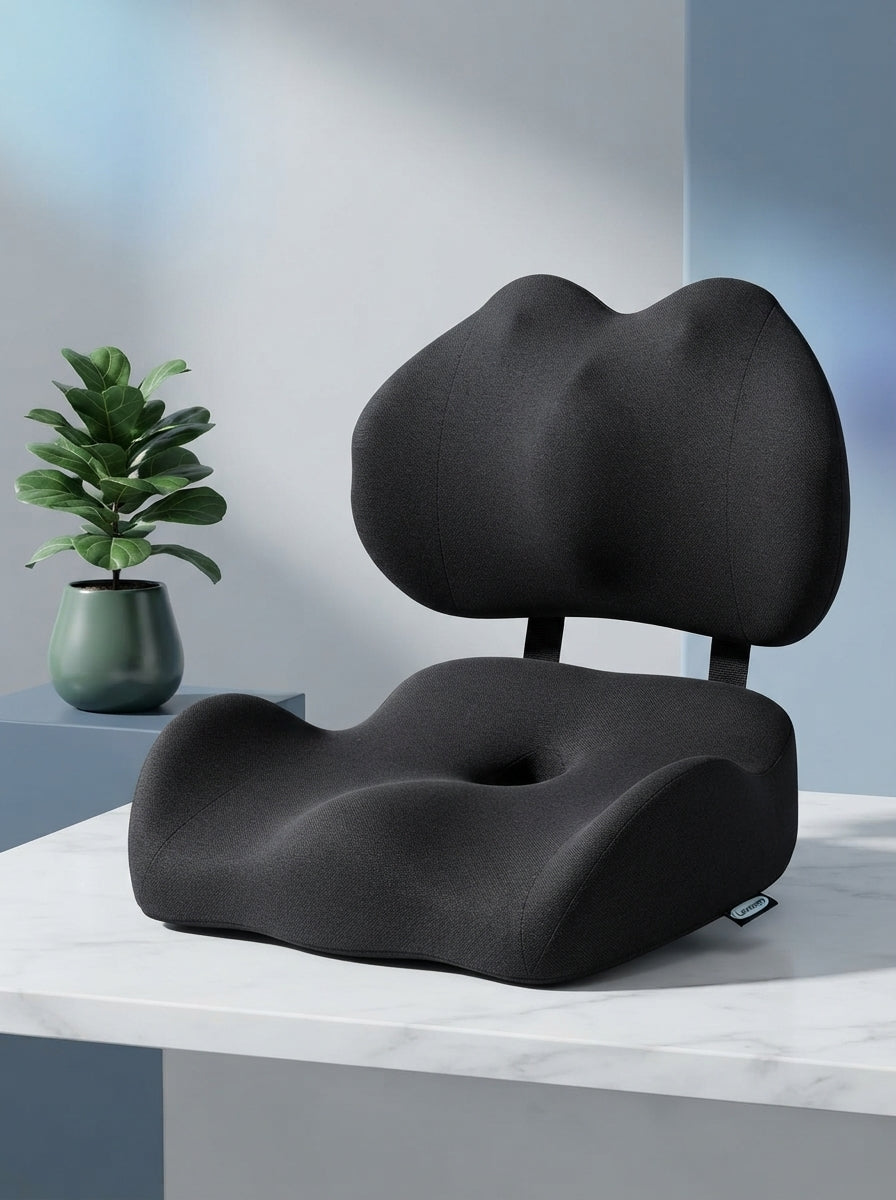 An extra-large, contoured memory foam seat cushion on a marble surface in a bright, modern room with slate and sky blue accen