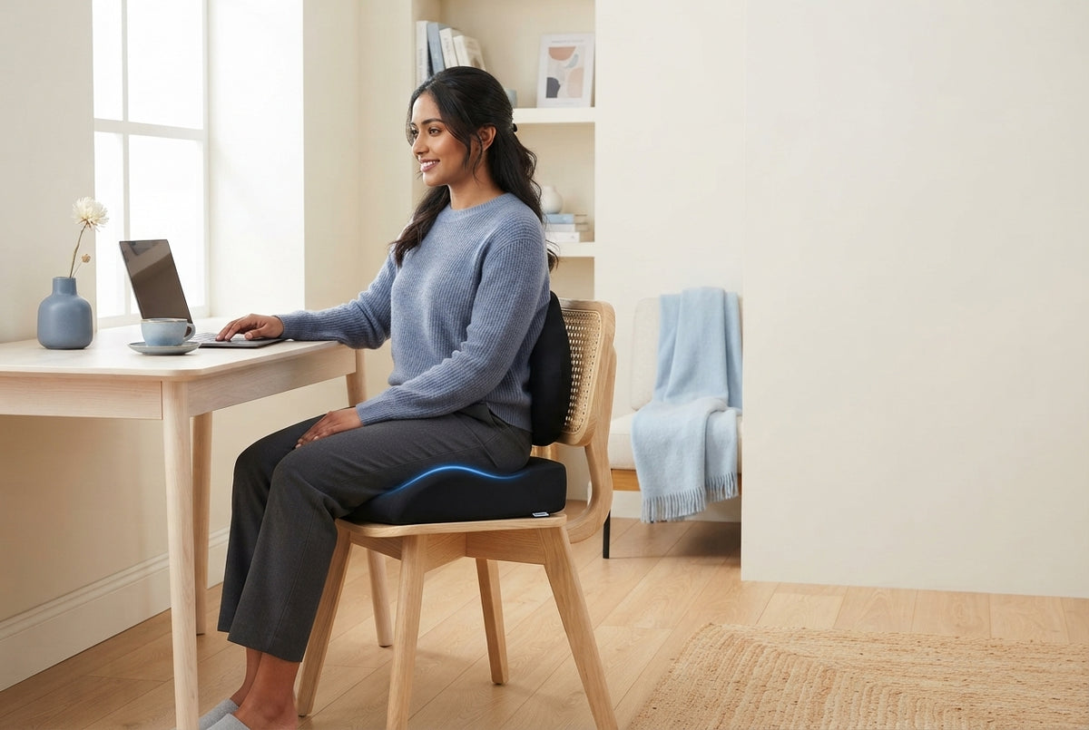 South Asian woman sitting on an ergonomic memory foam cushion in a modern, bright office space with blue accents.